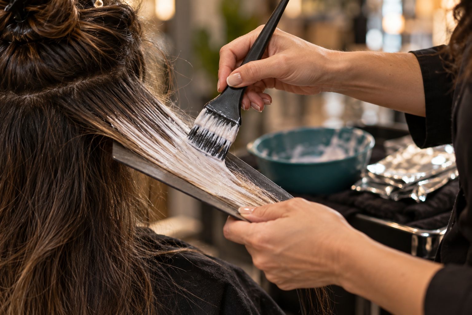 AI image: a colorist's hands painting lightener onto a section of hair